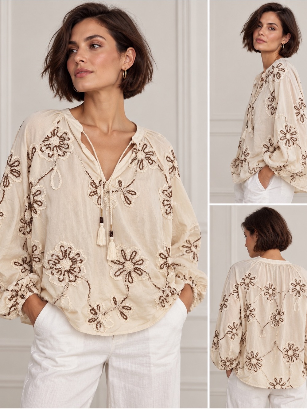 Zara Ecru Floral Embroidered Cotton Tassel Blouse XS NWT